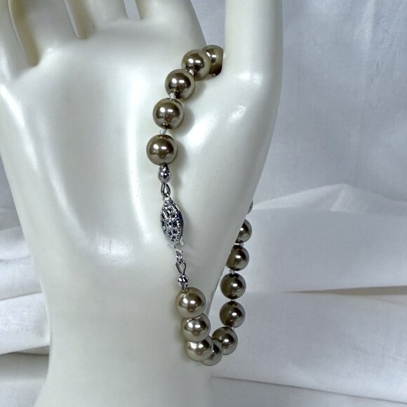 Taupe Glass Faux Pearl Bracelet 7.5” - 8.2mm – Sterling Silver Filigree Clasp - Picture 2 of 4